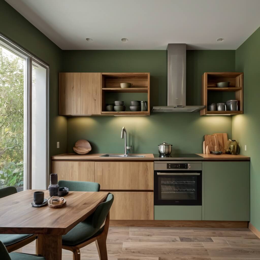contemporary kitchen design in beige color with a sage green accent wall and wooden cabinets