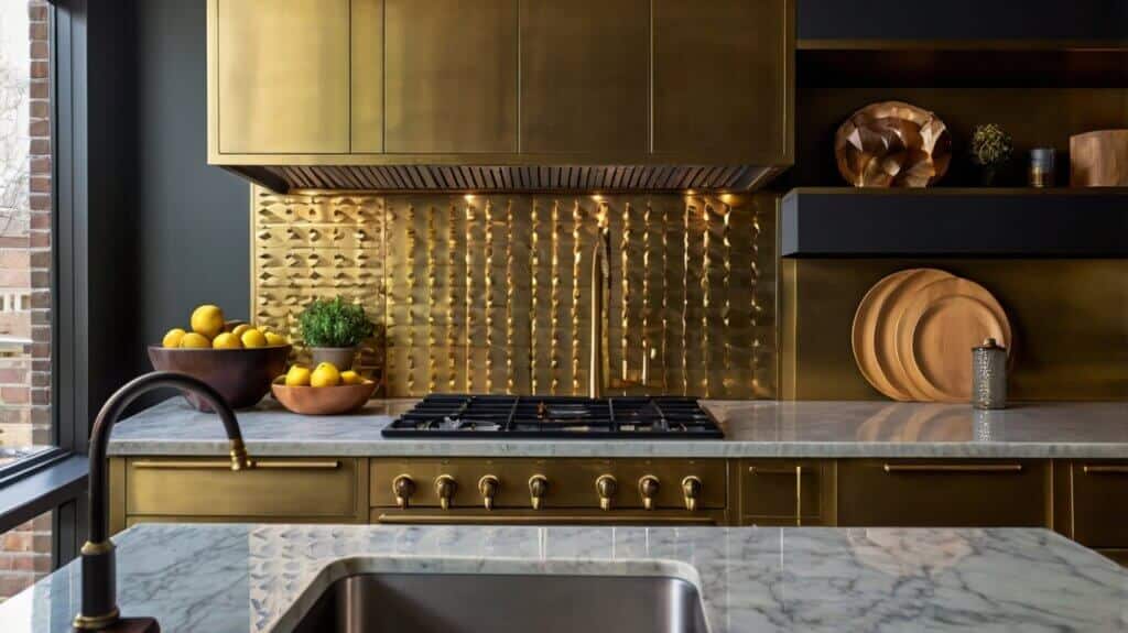 contemporary kitchen design with a brass backsplash and metal fixtures