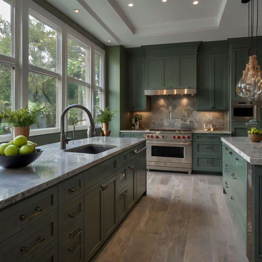 contemporary kitchen design in sage green with gray tiles backsplash