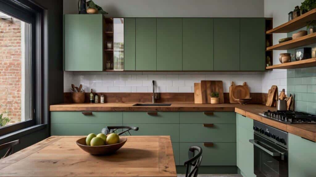 contemporary kitchen design with sage green cabinets, butcher block countertop, and wooden open shelving