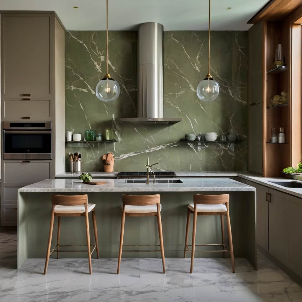 contemporary kitchen design with taupe cabinets, marble countertop, and sage green feature wall