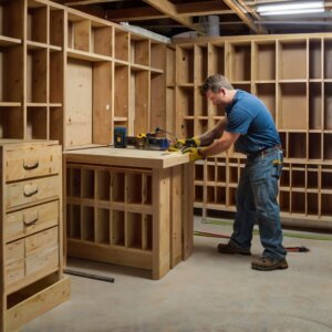 craftsman installing cabinet in the basement