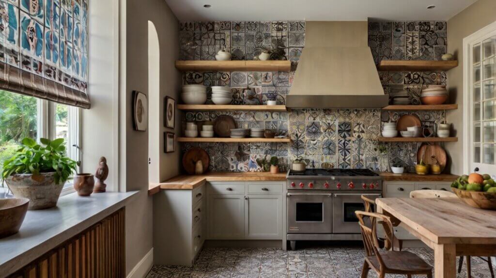 eclectic kitchen design with neutral cabinetry and geometric cement tiles backsplash