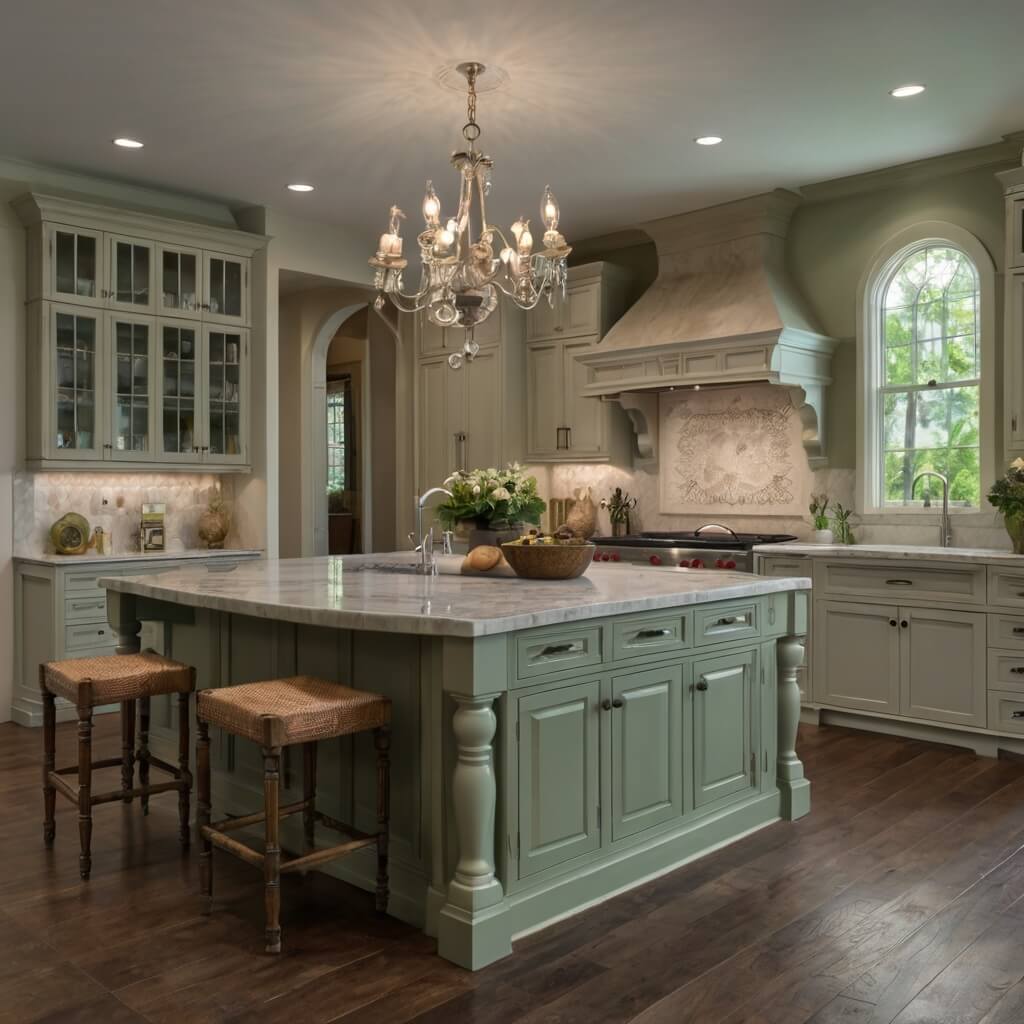 elegant kitchen design with Sage Green Island and Neutral cabinets