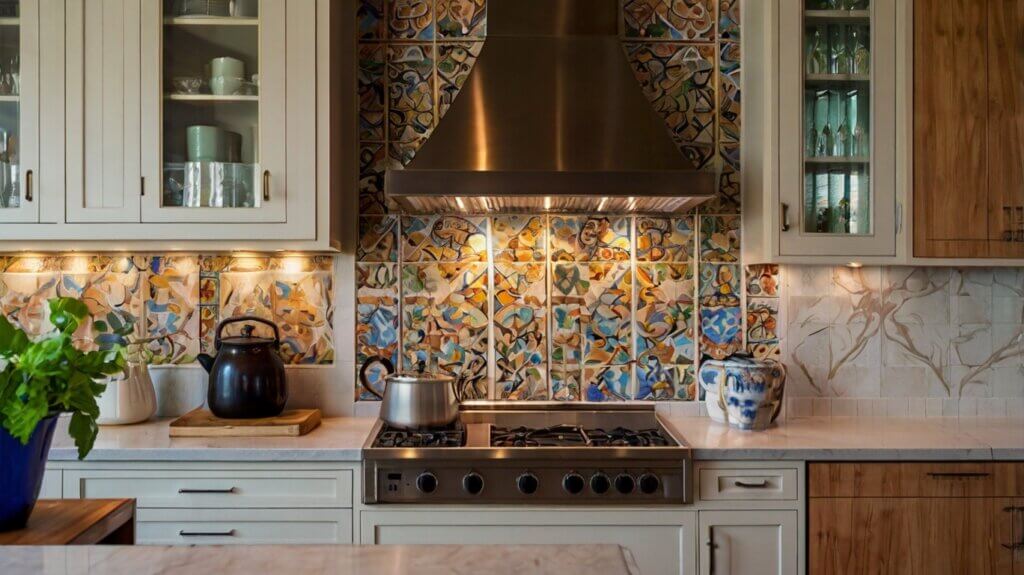 elegant kitchen with mosaic-patterned vinyl stickers backsplash and light cabinetry