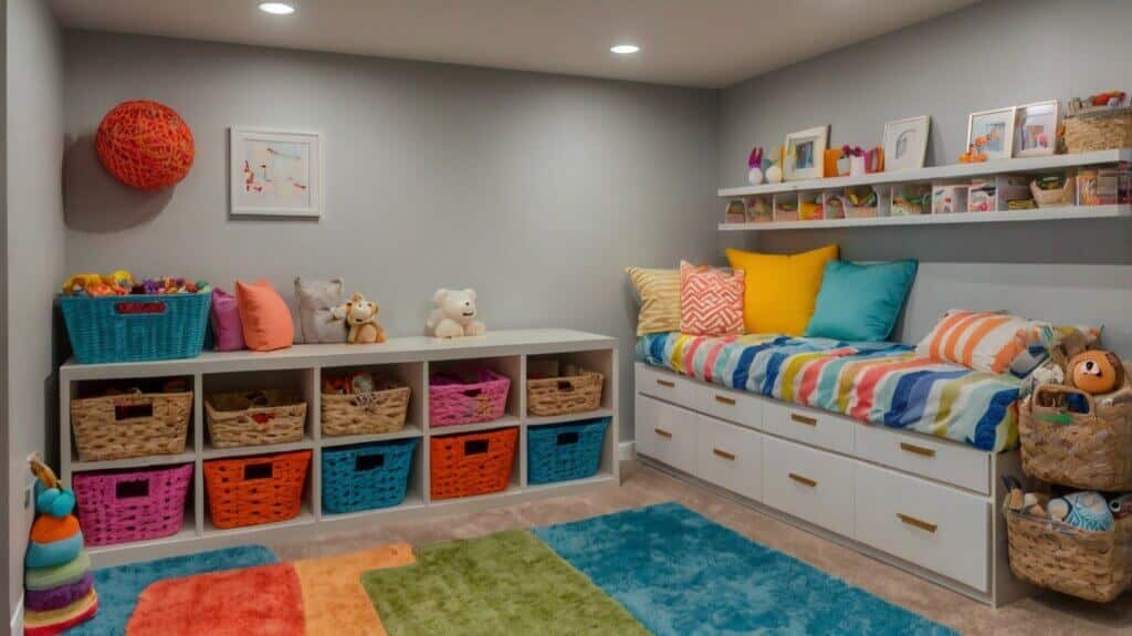 fun basement playroom with under-bed storage, floating shelves and colorful baskets