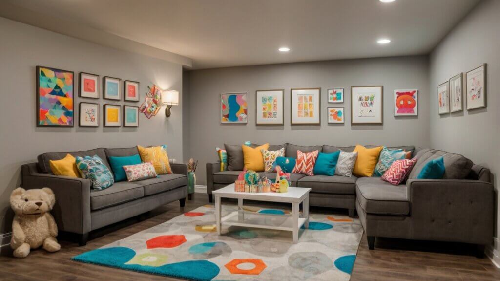 fun kid basement playroom with wall decor, nesting tables, and sectional sofas 