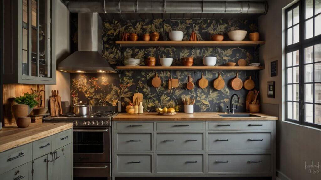 industrial-style kitchen design with a chalkboard backsplash of autumn leaves and light-colored cabinetry