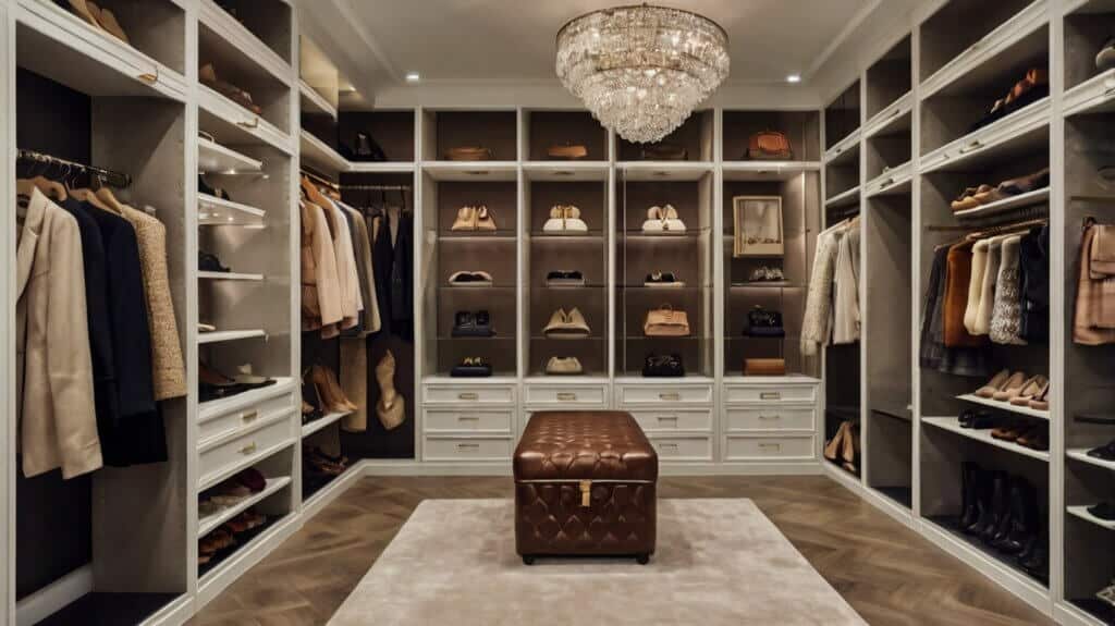 luxury walk-in closet with a Shoe and Handbag Gallery Wall