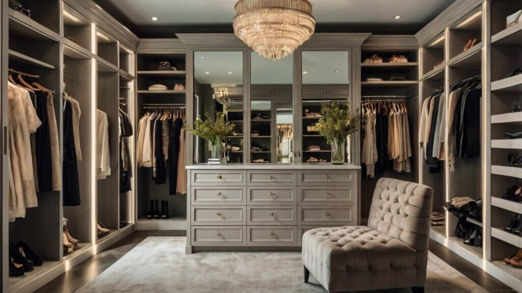 luxury walk-in closet with island storage and jewelry drawer