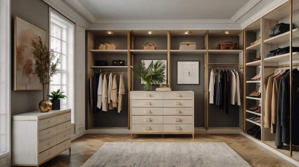 luxury walk-in closet with a gallery wall and some plants