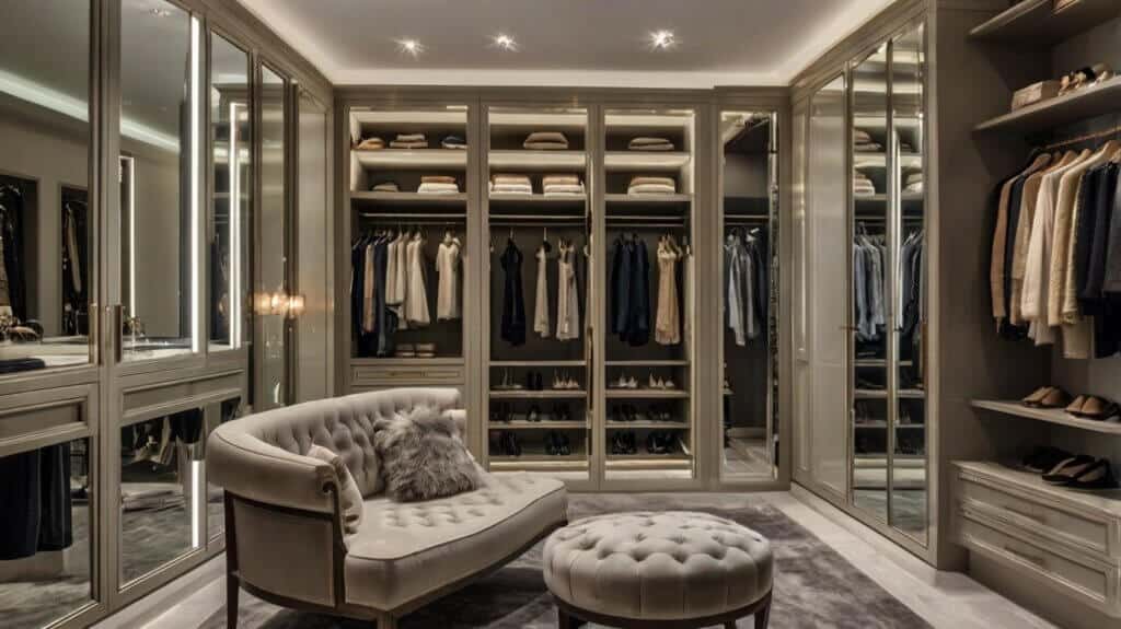 luxury walk-in closet with a mirrored dressing nook