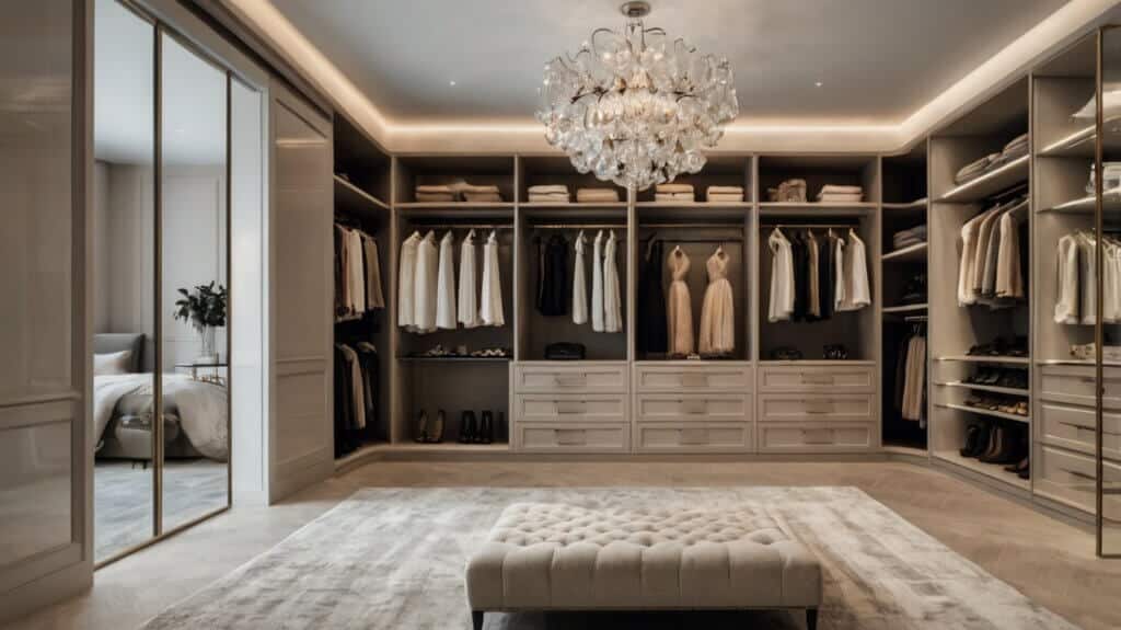 luxury walk-in closet with a statement chandelier and recessed lighting