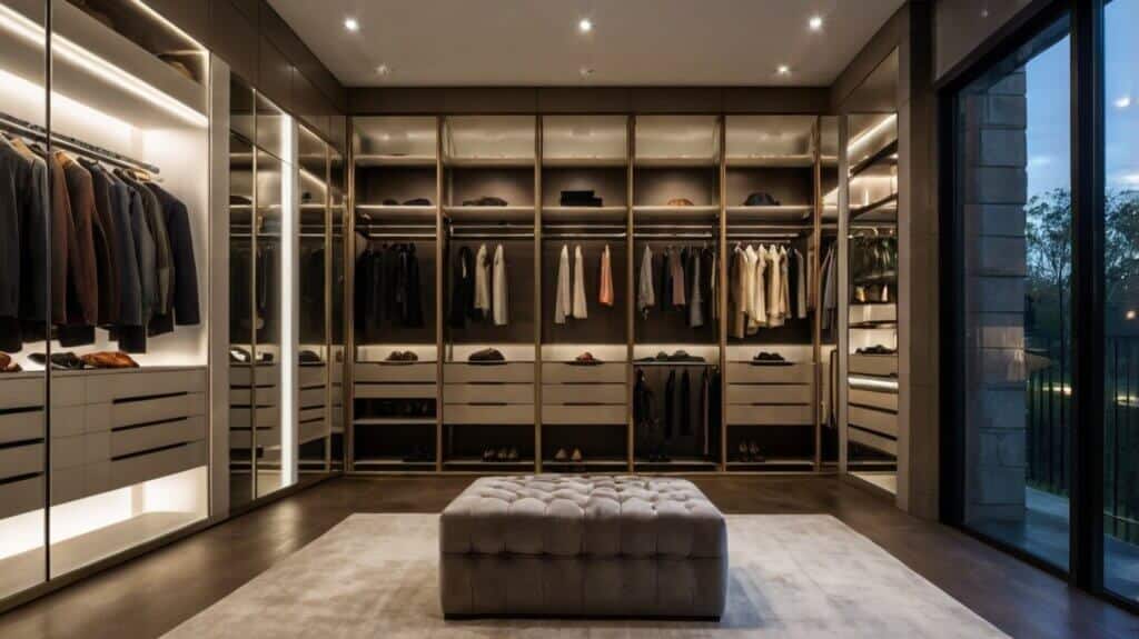 luxury walk-in closet with backlit glass cabinets 
