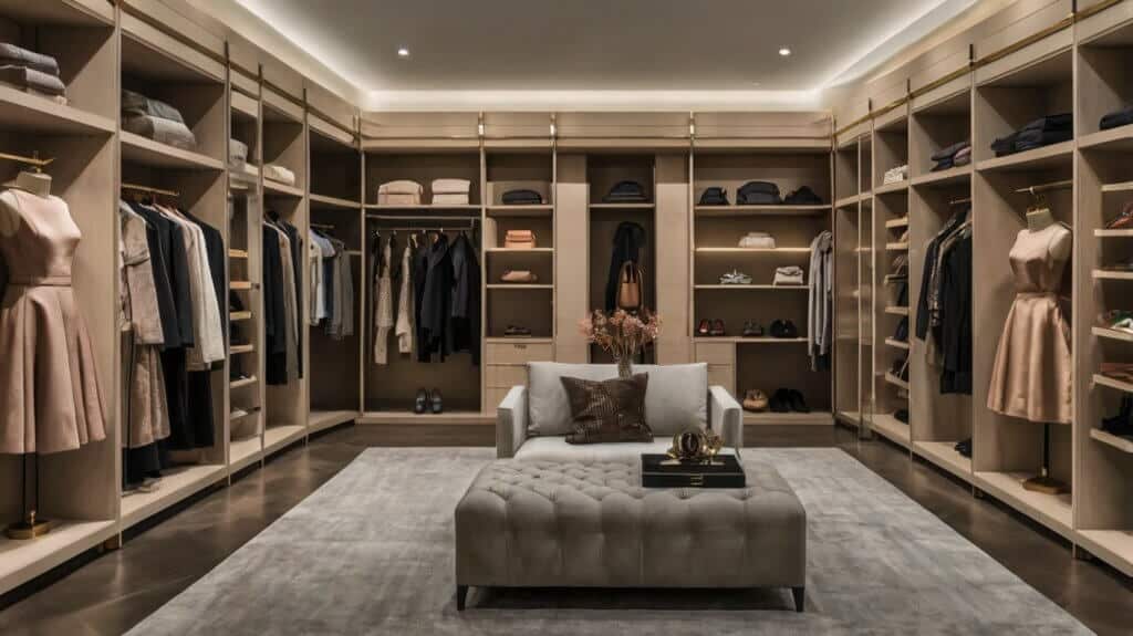 luxury walk-in closet with a curated outfit display