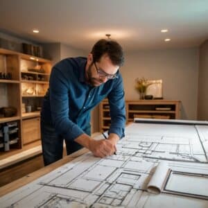male interior designer drafting a basement design