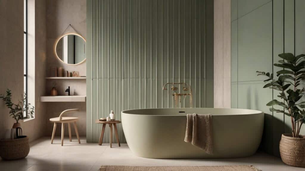 minimalist bathroom design in Muted Sage and Light Beige color scheme with decor 