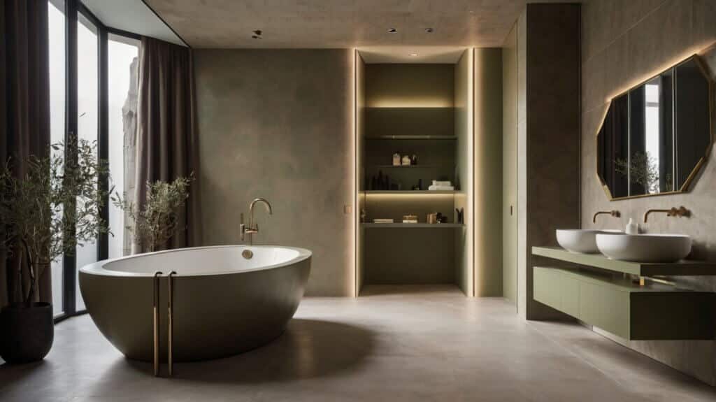 minimalist bathroom design in Taupe and Soft Olive color palette combination 