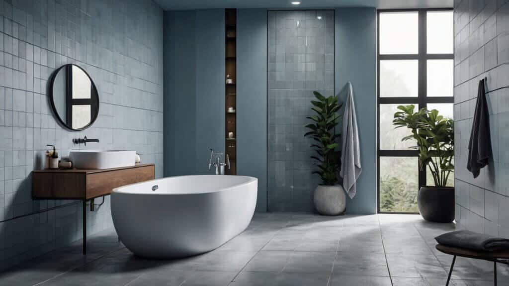 minimalist bathroom design with light gray tiles and misty blue walls, including decor 