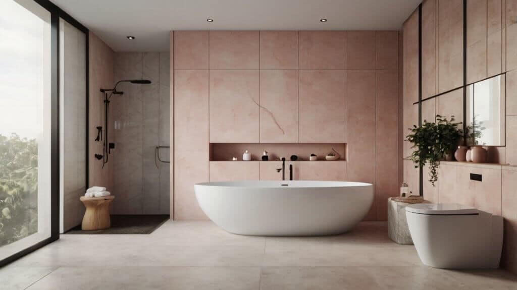 minimalist bathroom design with shower in Cool White walls and Pale Blush decor 