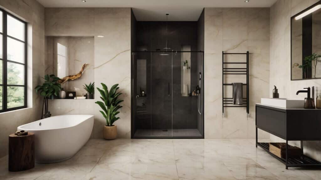 minimalist bathroom design with shower in bright ivory walls and bold charcoal accents including decor 