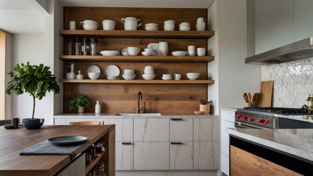 minimalist kitchen design with open-shelving backsplash