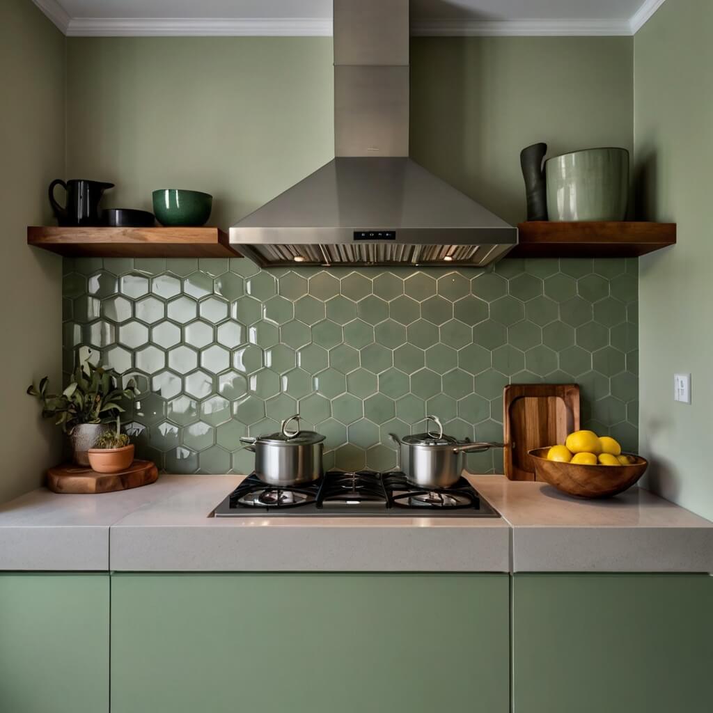 minimalist kitchen design with sage green hexagonal tiles backsplash, neutral countertops, and cabinetry