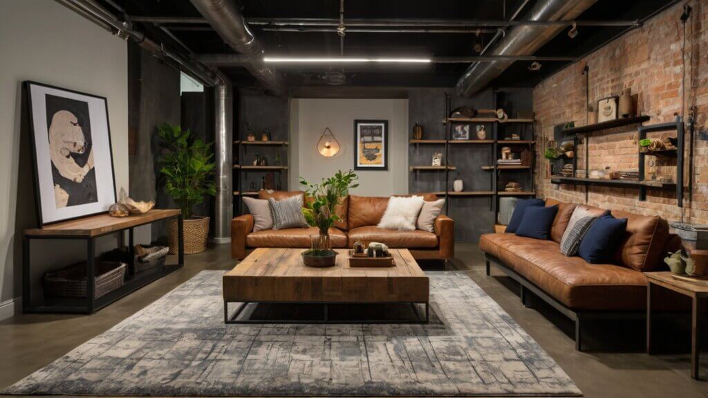 modern basement design with Brick Walls with Soft Upholstered Furniture