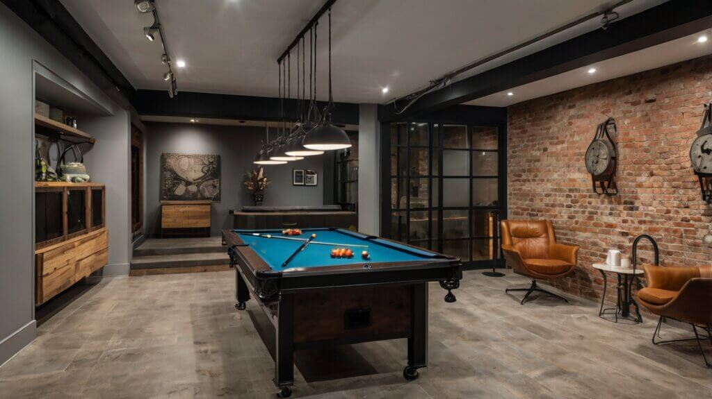 modern basement design with Industrial Style 