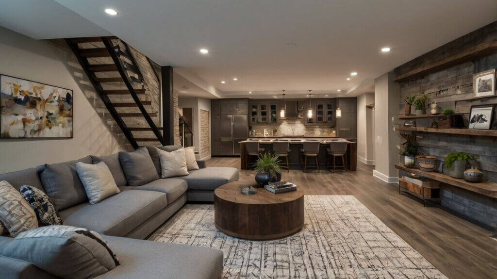 modern basement design with open-concept basement layout