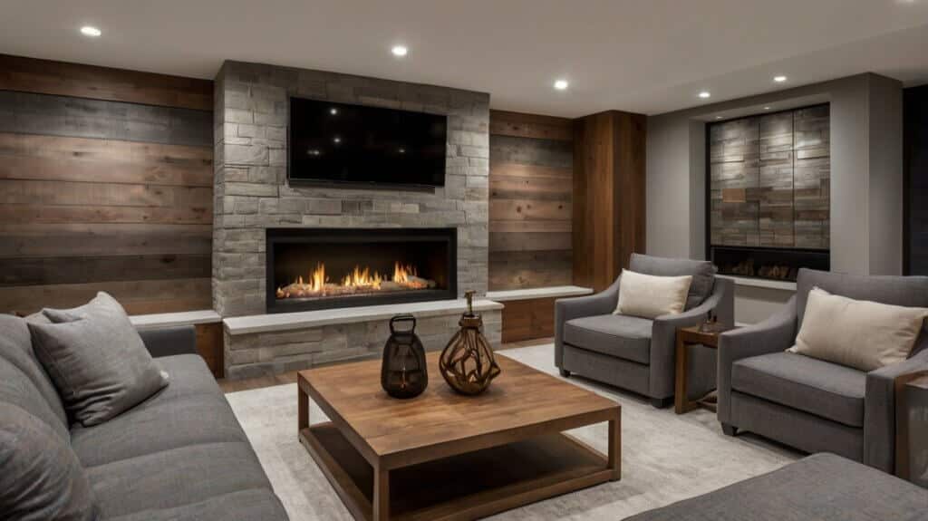modern basement design with a fireplace and comfortable seating