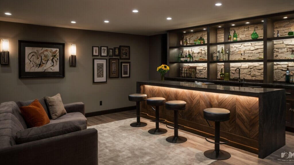 modern basement design with a stylish bar design 