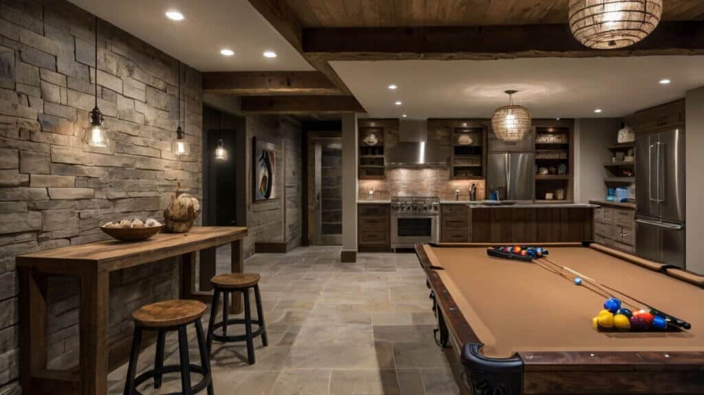 modern basement design with rustic elements and modern amenities