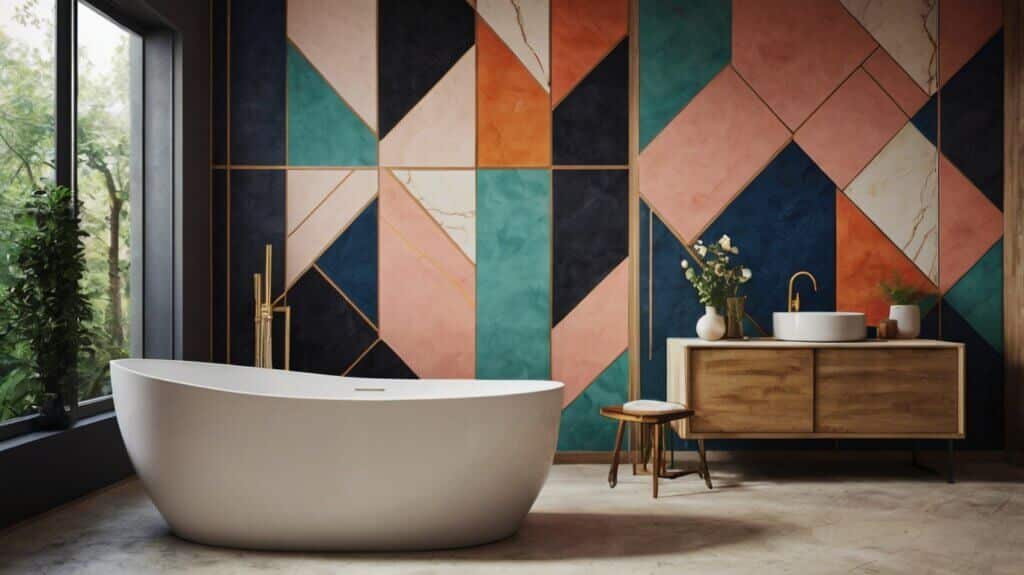 modern bathroom backsplash with color-blocked geometric mural in different geometric shapes