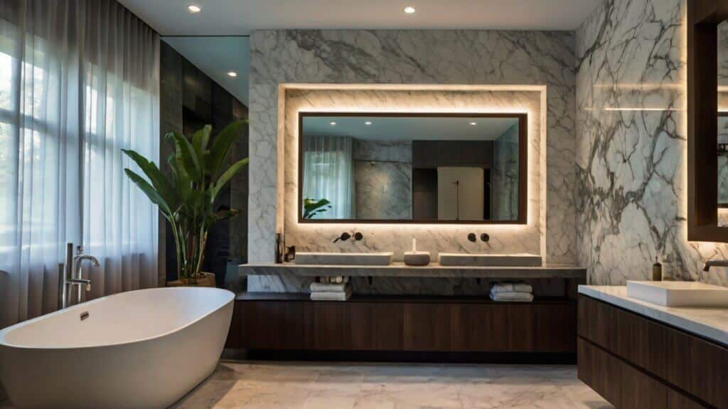 modern bathroom with a marble backsplash a waterfall design backsplash and under-cabinet lighting 