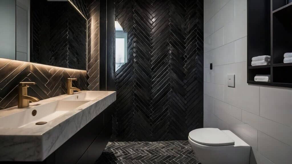 modern bathroom shower with a matte black tiles backsplash arranged in a herringbone pattern 