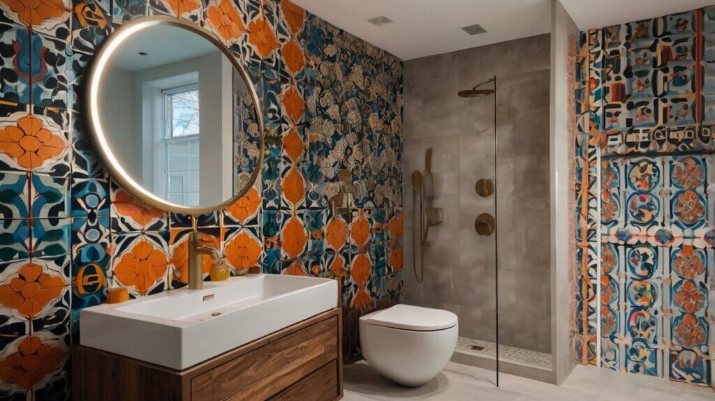modern bathroom with a patterned cement tiles backsplash in bold geometric patterns and vibrant colors 