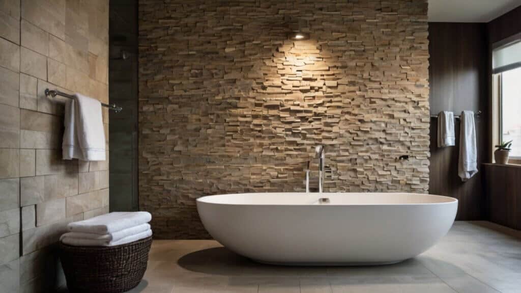 modern bathroom with an irregularly shaped stone tiles backsplash 
