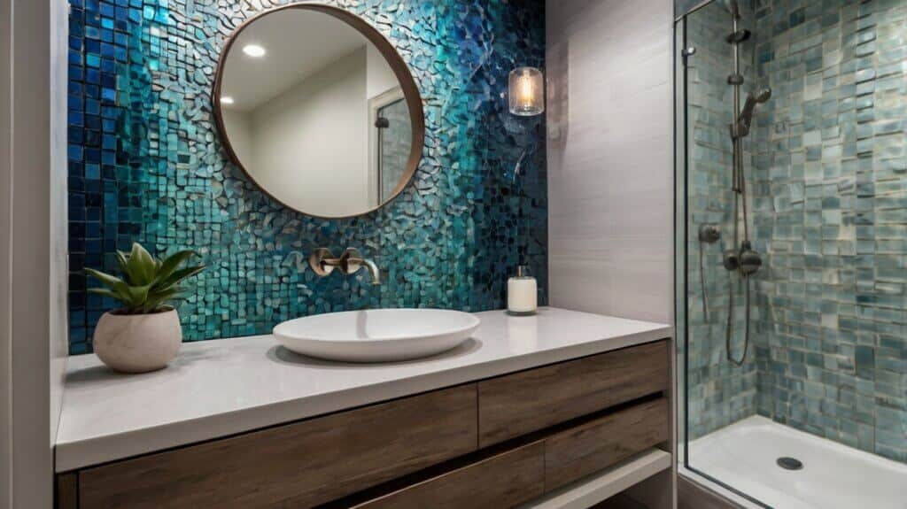 modern bathroom with gradient mosaic in a water-inspired ombre effect as a backsplash behind a vanity