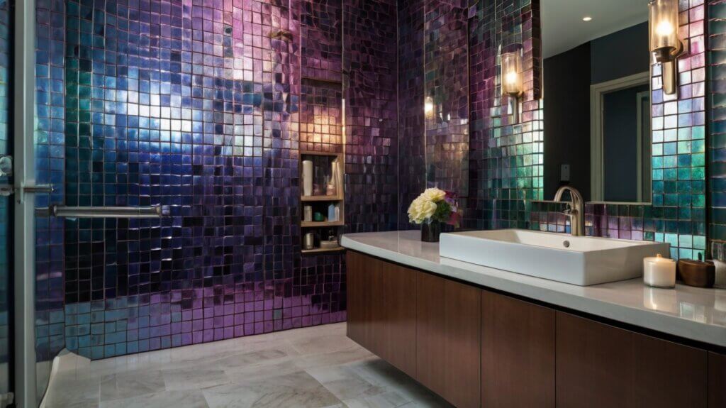 modern bathroom with metallic tiles in iridescent ombré effect as a backsplash 