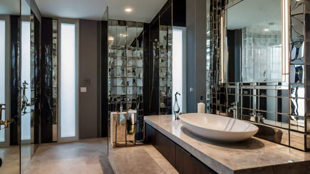 modern bathroom with mirrored panels in various shapes as backsplash