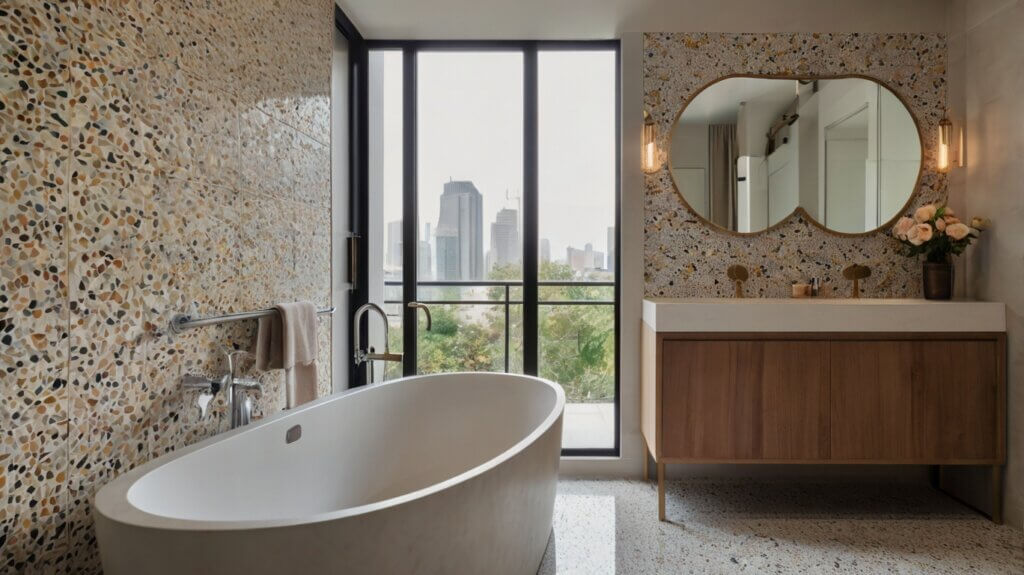modern bathroom with terrazzo tiles in neutral tones as backsplash 