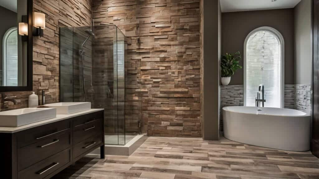 modern bathroom with wood-look tiles in a staggered brick layout as a backsplash, and stone flooring
