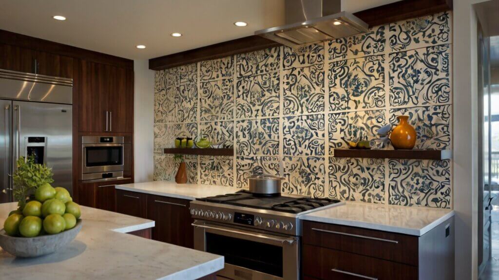modern kitchen design with a painted backsplash using stencils