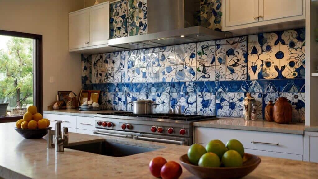 modern kitchen design with custom artwork backsplash
