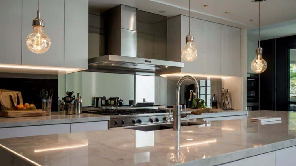 modern kitchen design with mirrored backsplash, minimalist decor and LED strip lighting beneath cabinets 