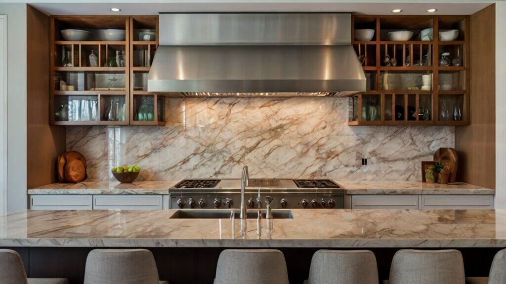 modern kitchen design with neutral-toned marble backsplash