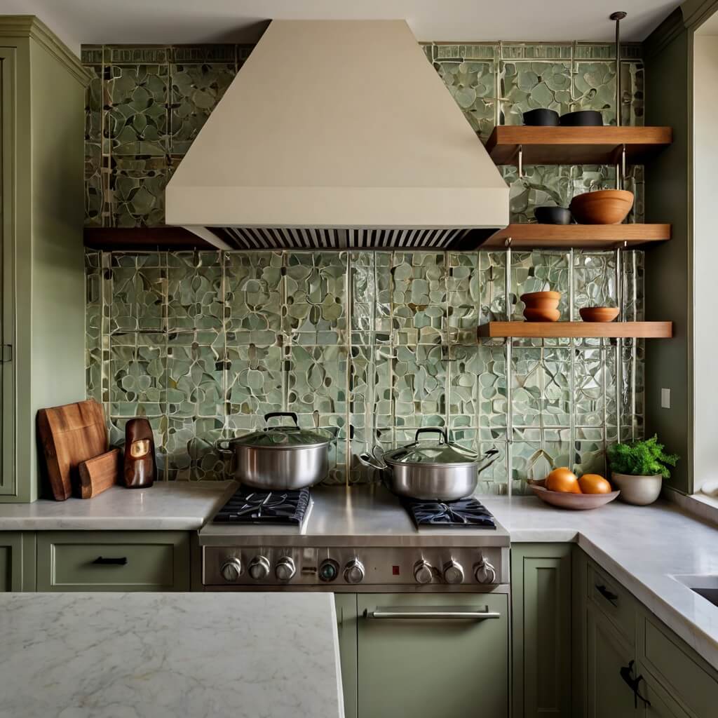modern kitchen design with sage green Moroccan-inspired tiles backsplash, neutral countertops, and cabinetry