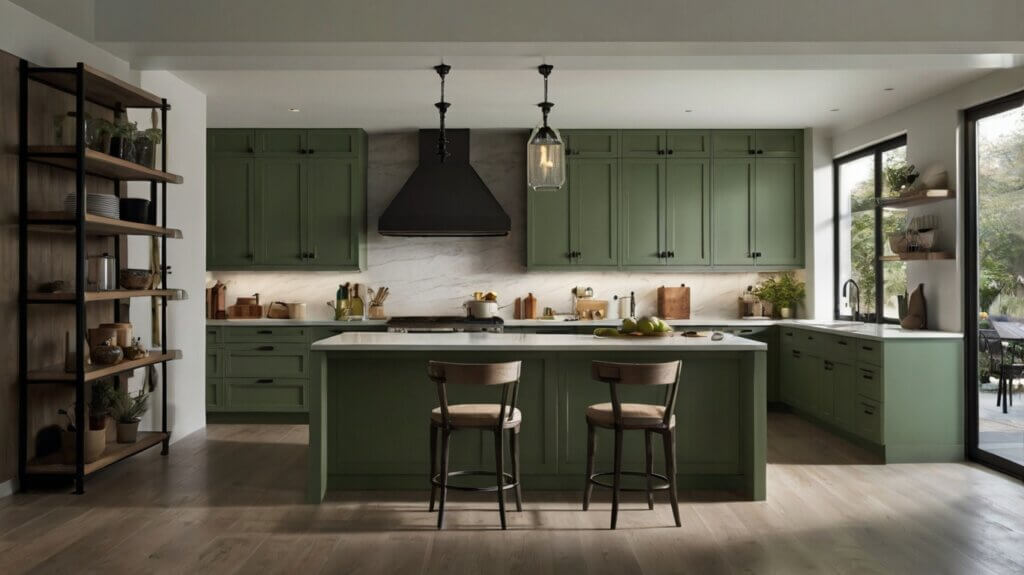 modern sage green kitchen cabinets with matte black hardware