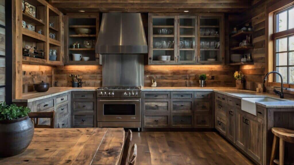 rustic kitchen design with a warm gray wood panel backsplash